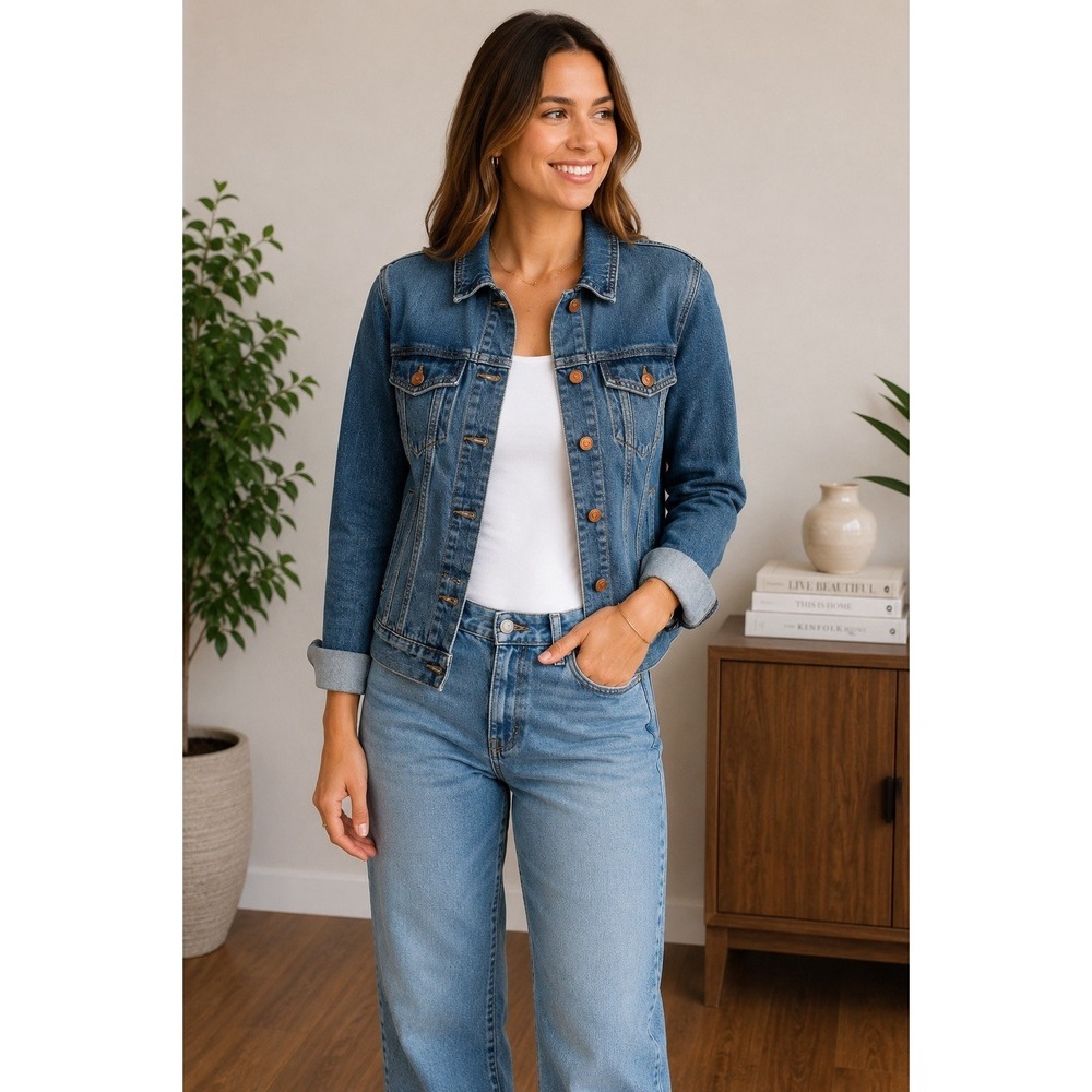 Madewell Jacket Womens Size S Blue Denim Trucker Button Front Pockets Stain